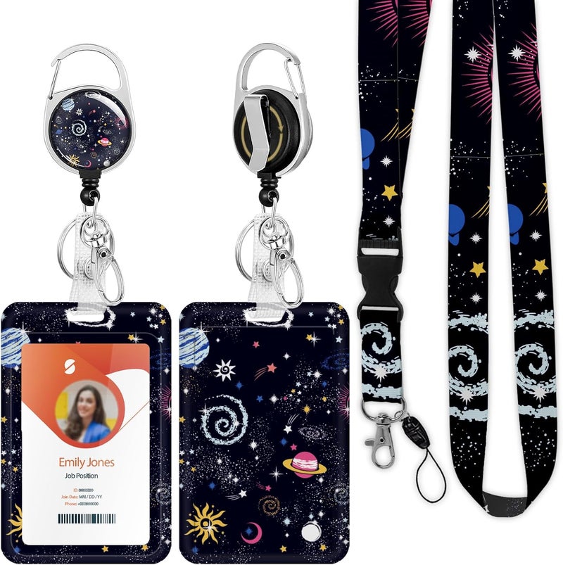 Boutilon ID Badge Holder with Lanyard,Retractable ID Badge Card Holders Detachable Neck Lanyard Strap with Badge Reel and Vertical ID Holder for Nurse Students Teachers Office Staff(Universe) - Image 1